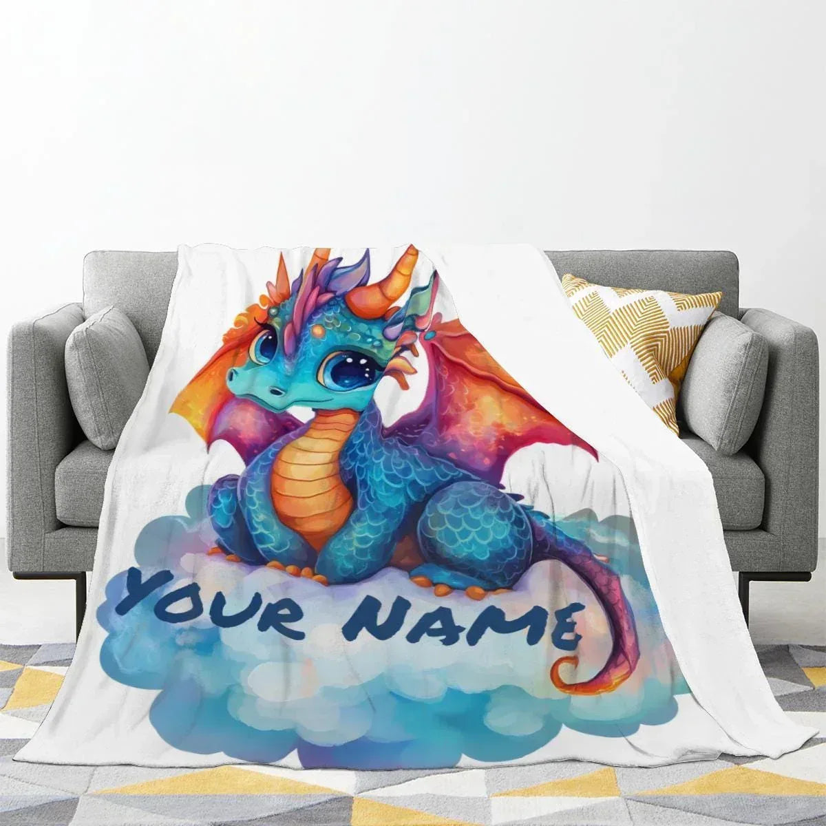 Personalized Dragon Blanket | Custom Name | Cute Baby Dragon Sitting on Cloud Orange Wings Teal Blue Big Eyes White Background Fleece Throw Gift