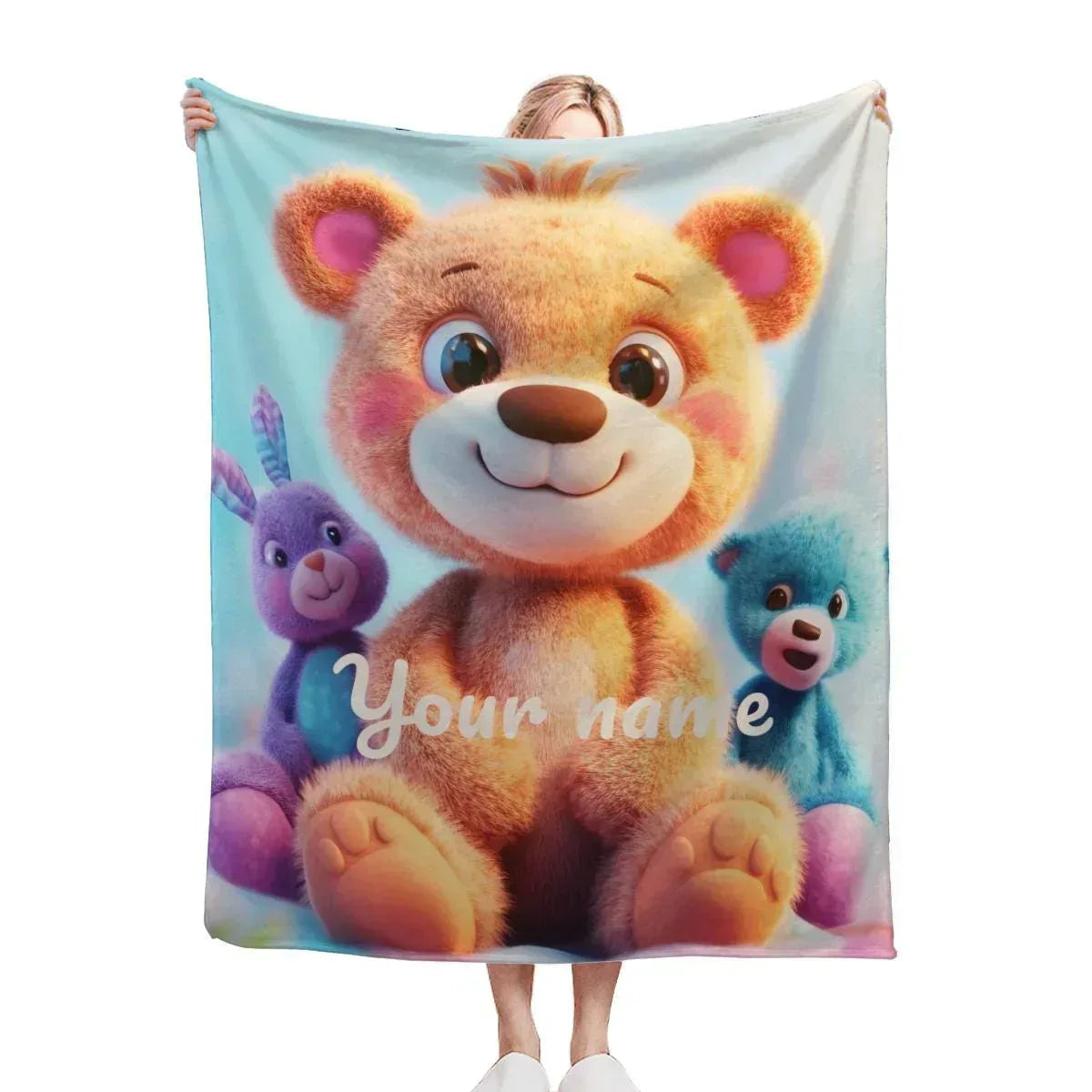 Personalized Teddy Bear Blanket | Custom Name | Fluffy Golden Bear Purple Bunny Blue Bear Fleece Throw Gift