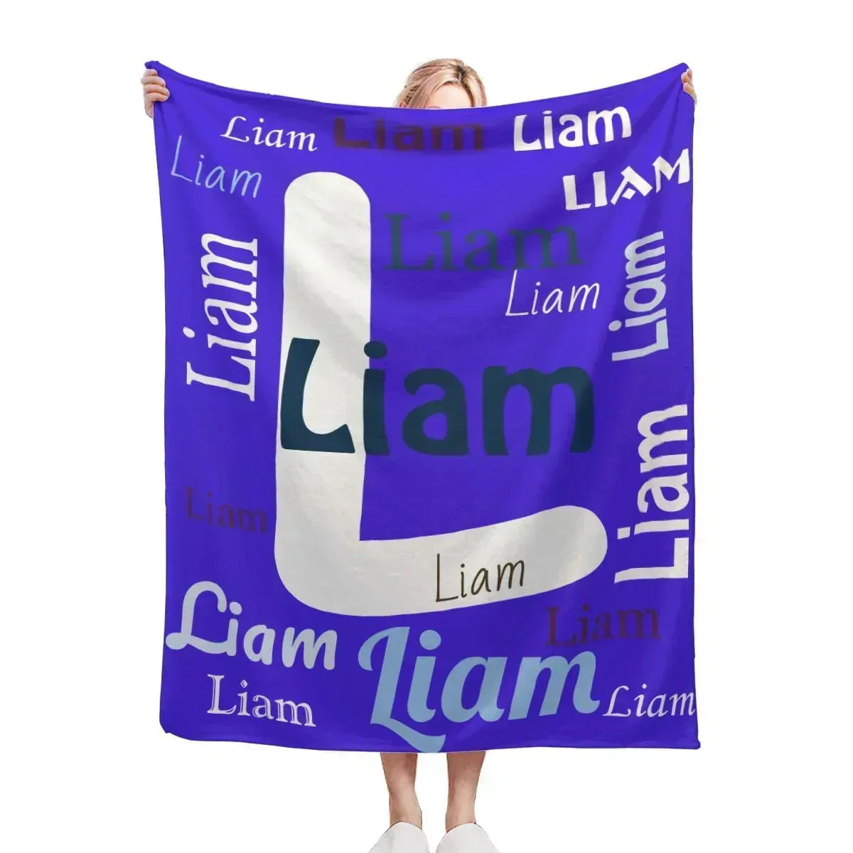 Personalized Name & Initial Letter Blanket | Custom Name | Vivid Royal Blue All-Over Name Pattern Fleece Throw Gift