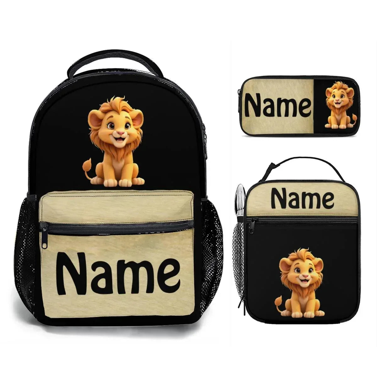 Personalized Lion Kids School Set | Custom Name | Baby Lion Backpack, Lunch Tote & Pen Pouch Gift