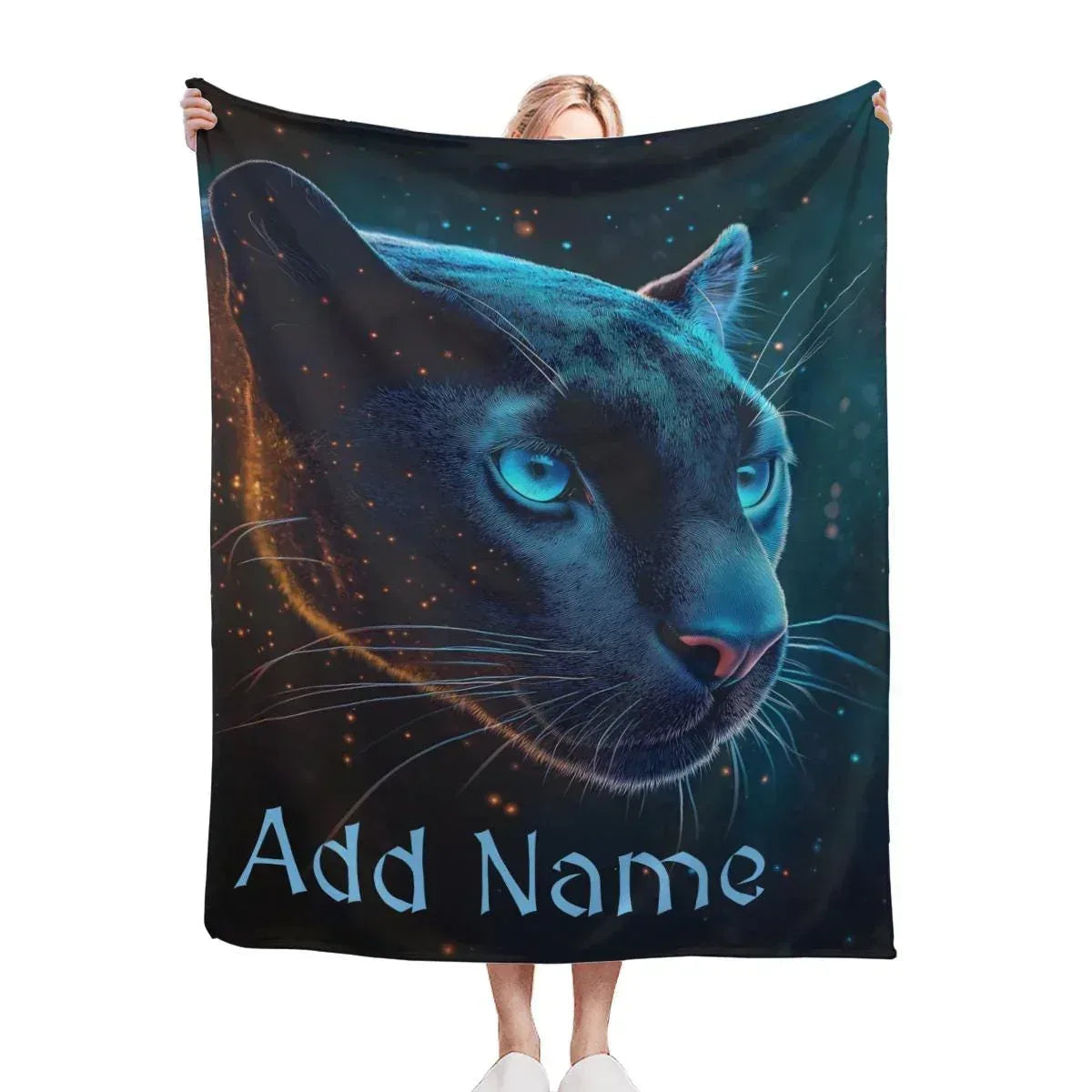 Personalized Black Panther Blanket | Custom Name | Cosmic Portrait Glowing Teal Eyes Starry Night Flannel Fleece Throw Gift