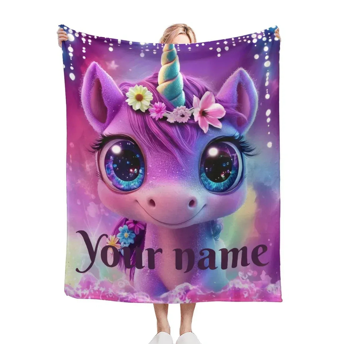 Personalized Unicorn Blanket | Custom Name | Cute Baby Unicorn Galaxy Eyes Floral Crown Purple Magic Fleece Throw Gift