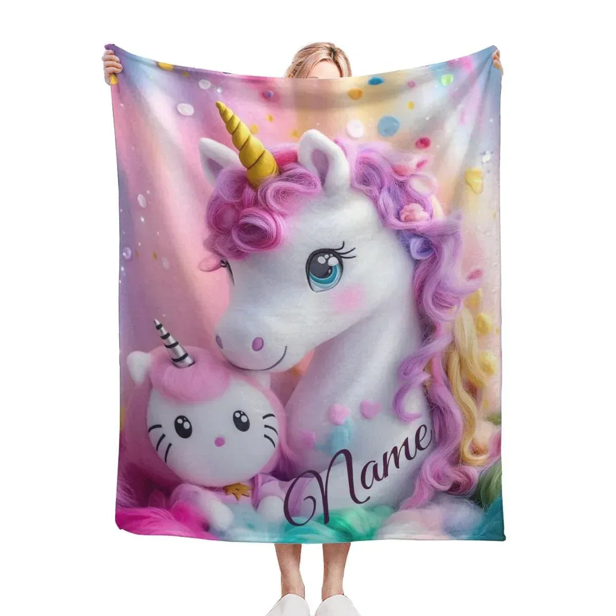 Personalized Unicorn and Kittycorn Blanket | Custom Name | Rainbow Pastel Kawaii Unicorn Cat Fleece Throw Gift