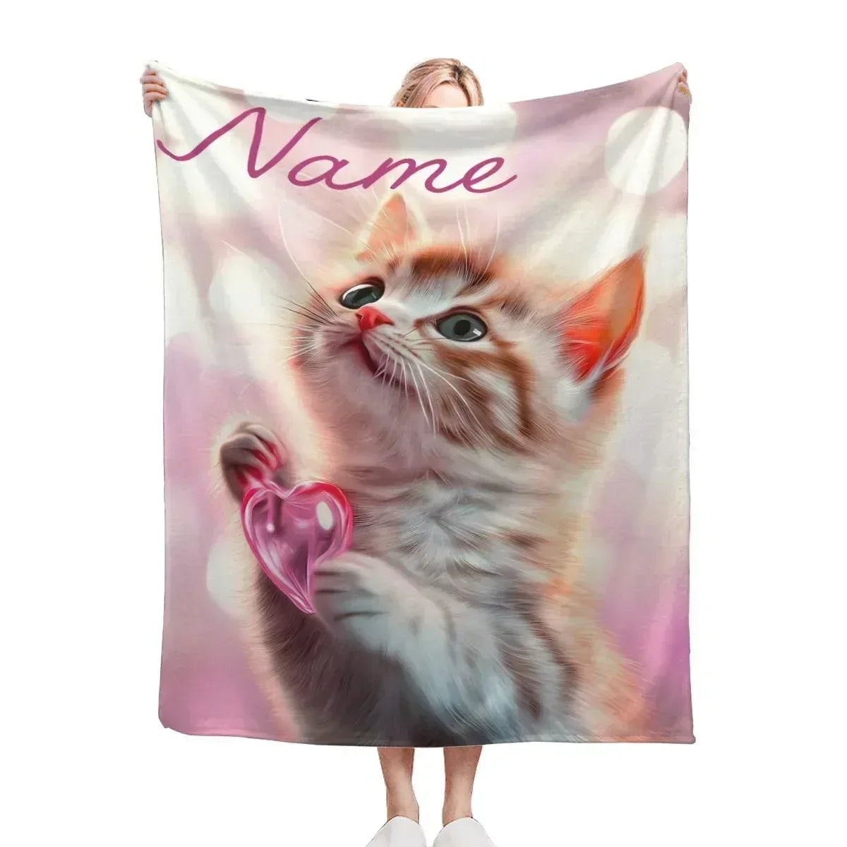 Personalized Kitten Blanket | Custom Name | Fluffy Tabby Kitten Pink Glass Heart Blush Fleece Throw Gift