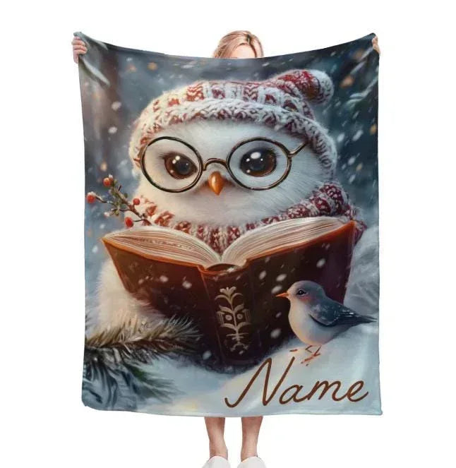 Personalized Winter Owl Blanket | Custom Name | Reading Owl Glasses Snowy Nordic Fleece Throw Gift