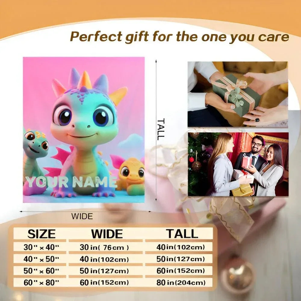 Personalized Dragon Blanket | Custom Name | Cute Pastel Baby Dragon Trio Rainbow Kawaii Fleece Throw Gift