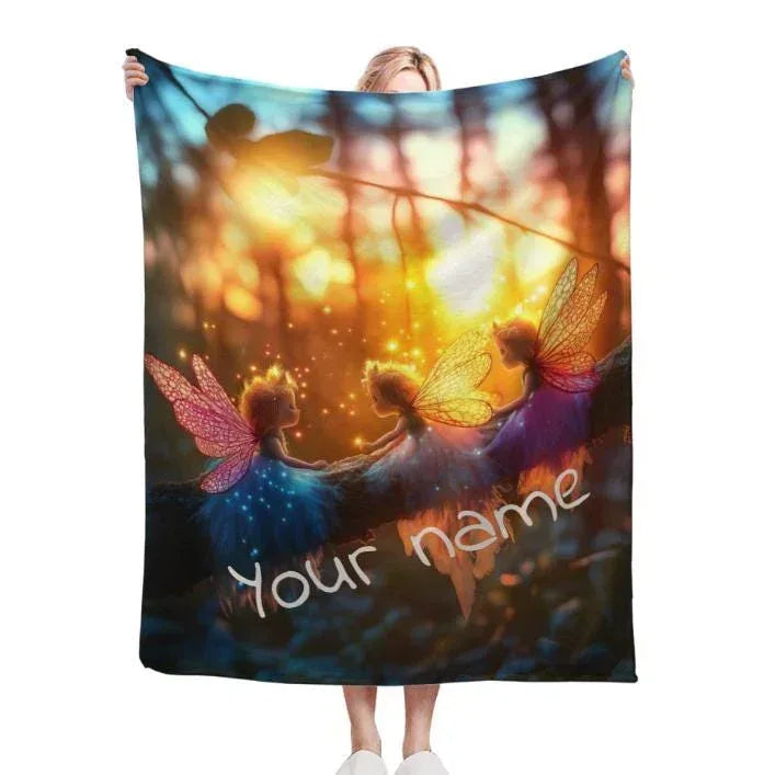 Personalized Fairy Blanket | Custom Name | Three Winged Fairies Golden Forest 310gsm Fleece Throw Gift
