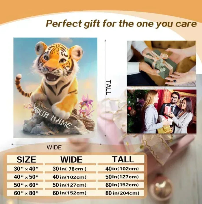 Personalized Tiger Cub Blanket | Custom Name | Blue Floral 310gsm Fleece Throw Gift