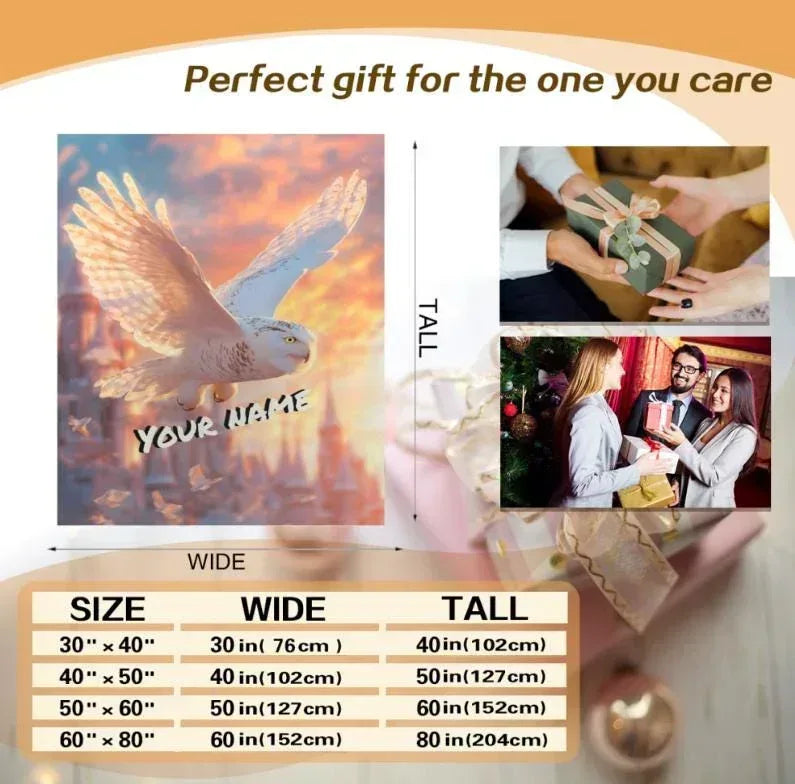 Personalized Snowy Owl Blanket | Custom Name | Majestic White Owl in Flight Sunset Sky Fleece Throw Gift