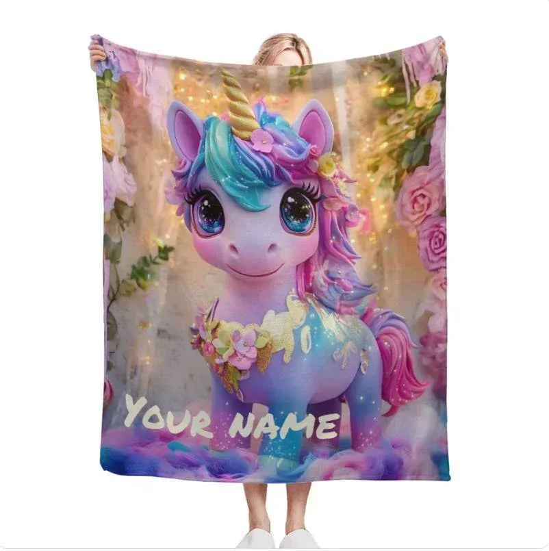 Personalized Unicorn Blanket | Custom Name | Baby Unicorn Rainbow Mane Floral Garden Sparkle 3D Flannel Fleece Throw Gift