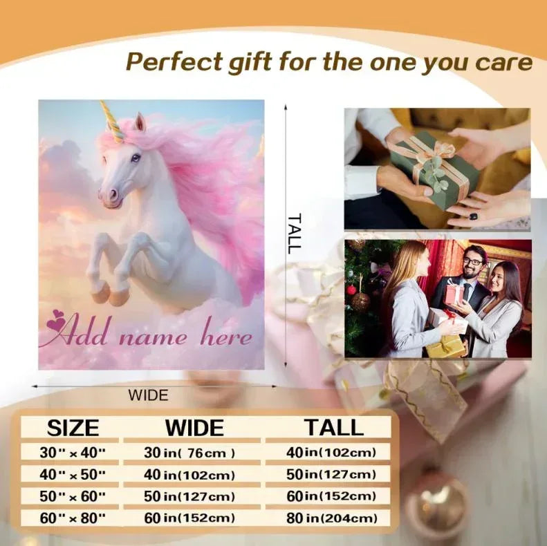 Personalized Pastel Unicorn Horse Blanket | Custom Name | Pink Blue Gradient 310gsm Fleece Throw Gift