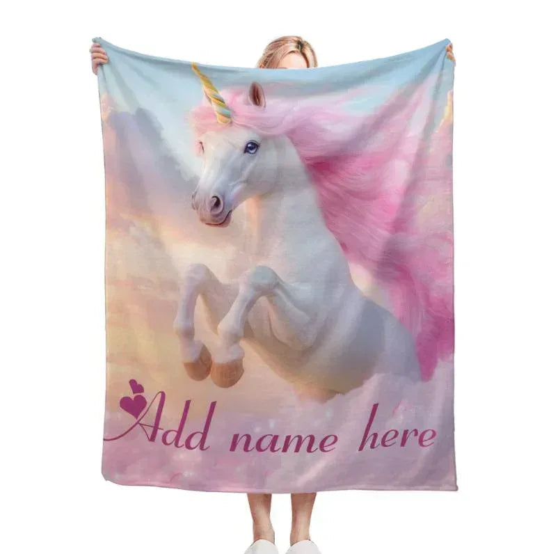 Personalized Pastel Unicorn Horse Blanket | Custom Name | Pink Blue Gradient 310gsm Fleece Throw Gift