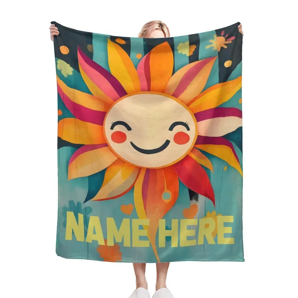 Personalized Sunshine Blanket | Custom Name | Smiling Cartoon Sun Sunflower Teal Bold Yellow Name Fleece Throw Gift