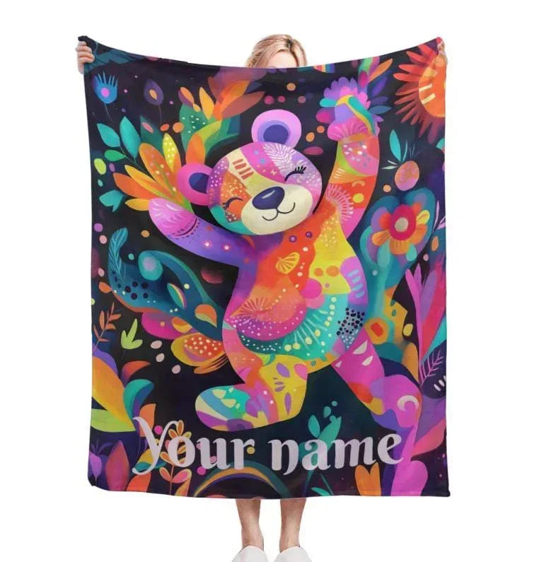 Personalized Patchwork Teddy Bear Blanket | Custom Name | Colorful Floral Fleece Throw Gift