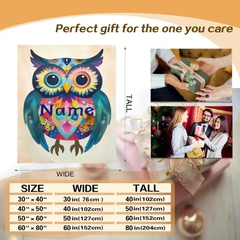 Personalized Colorful Owl Blanket | Custom Name | Bird Fleece Throw Gift