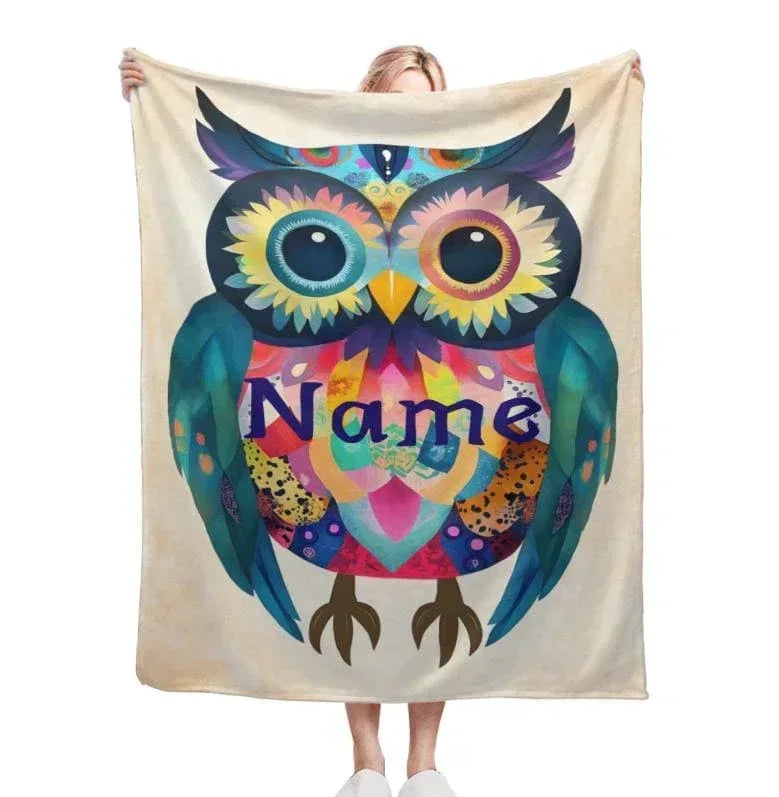 Personalized Colorful Owl Blanket | Custom Name | Bird Fleece Throw Gift