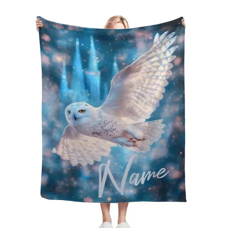 Personalized Snowy Owl Blanket | Custom Name | Blue Galaxy Fleece Throw Gift