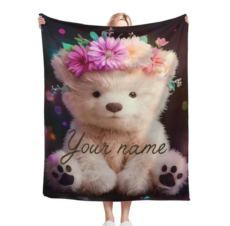 Personalized Teddy Bear Blanket | Custom Name | Purple Floral Crown Fleece Throw Gift