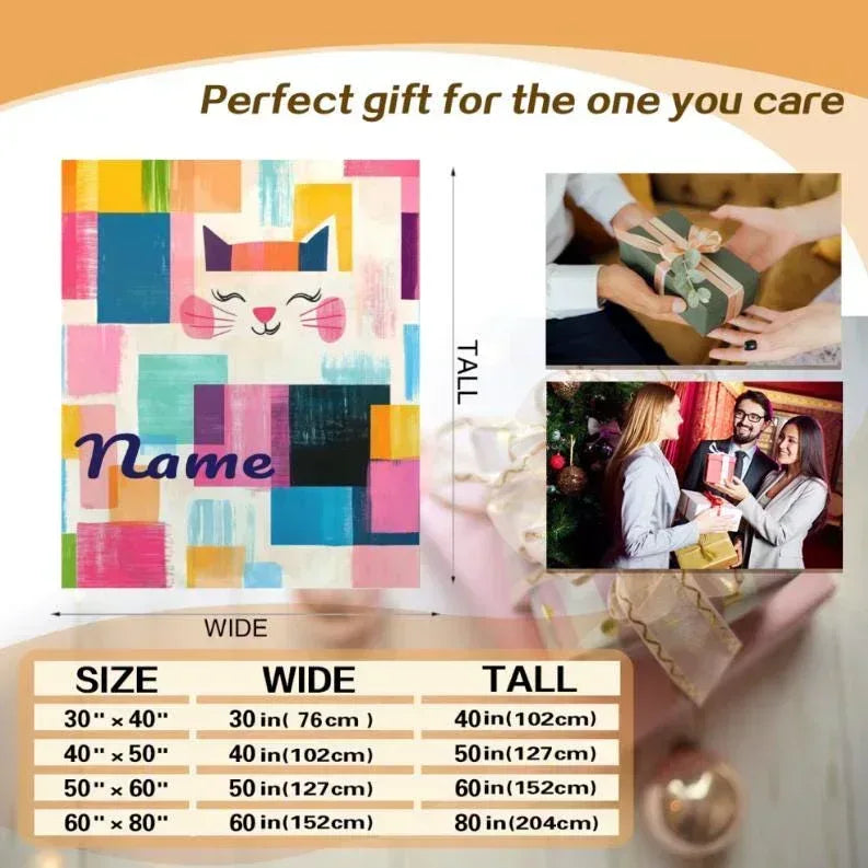 Personalized Cat Blanket | Custom Name | Colorful Patchwork Fleece Throw Gift