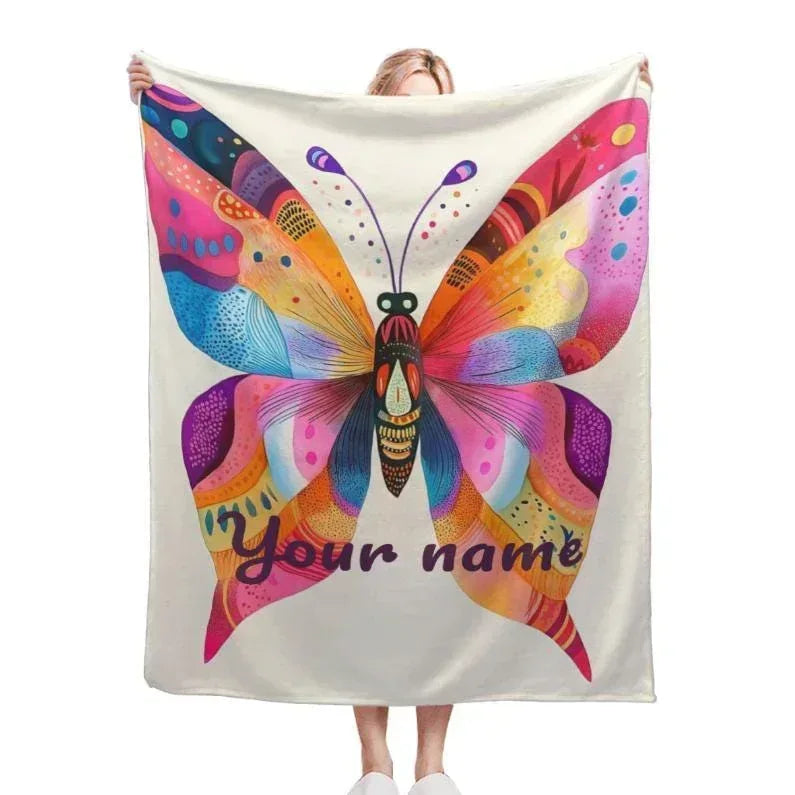 Personalized Butterfly Blanket | Custom Name | Vibrant Colorful Butterfly Wings Purple Script Flannel Fleece Throw Gift