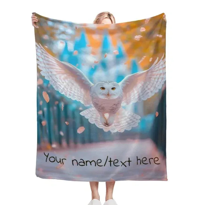 Personalized Winged Owl Blanket | Custom Name | Blue Fantasy Fleece Throw Gift