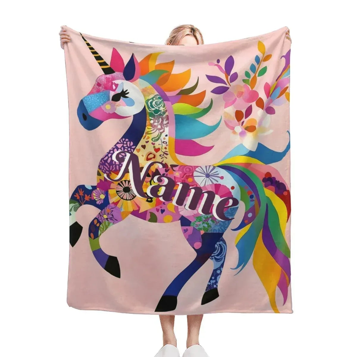 Personalized Unicorn Blanket | Custom Name | Prancing Full-Body Floral Mosaic Rainbow Mane Blush Pink Flannel Fleece Throw Gift