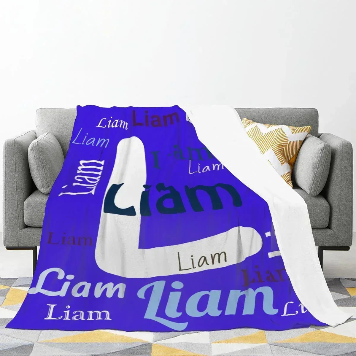 Personalized Name & Initial Letter Blanket | Custom Name | Vivid Royal Blue All-Over Name Pattern Fleece Throw Gift
