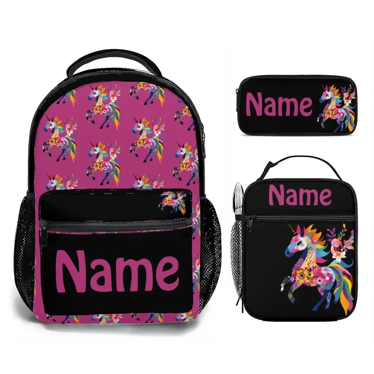 Personalized Kids School Set | Custom Name | Pink Unicorn Backpack Lunch Bag Pencil Case 3-Piece Gift