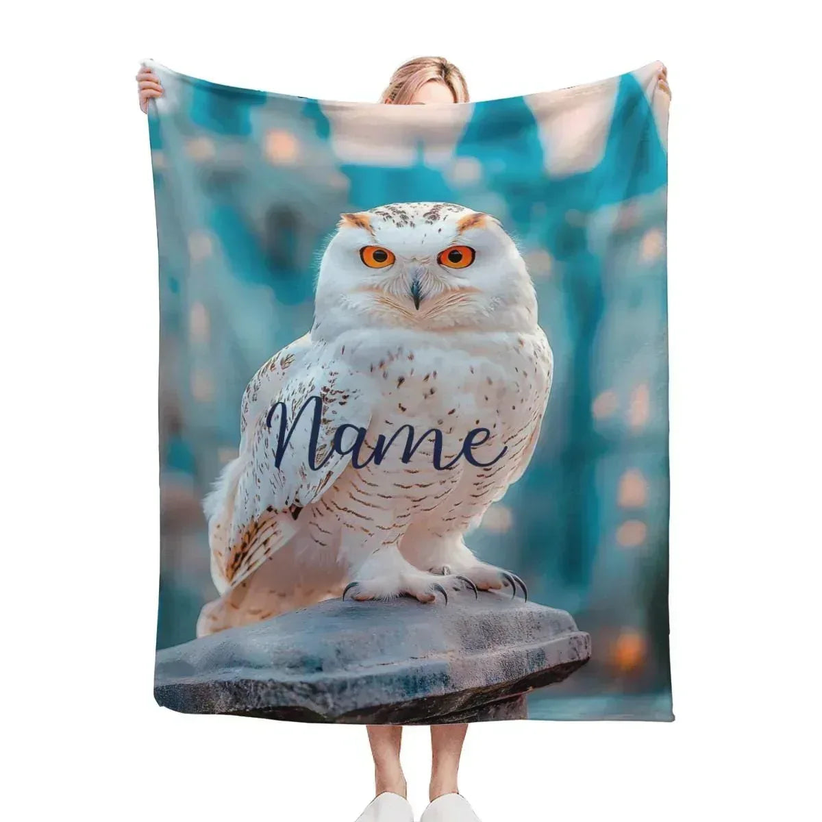 Personalized Snowy Owl Blanket | Custom Name | White Owl Amber Eyes Teal Magical Fleece Throw Gift