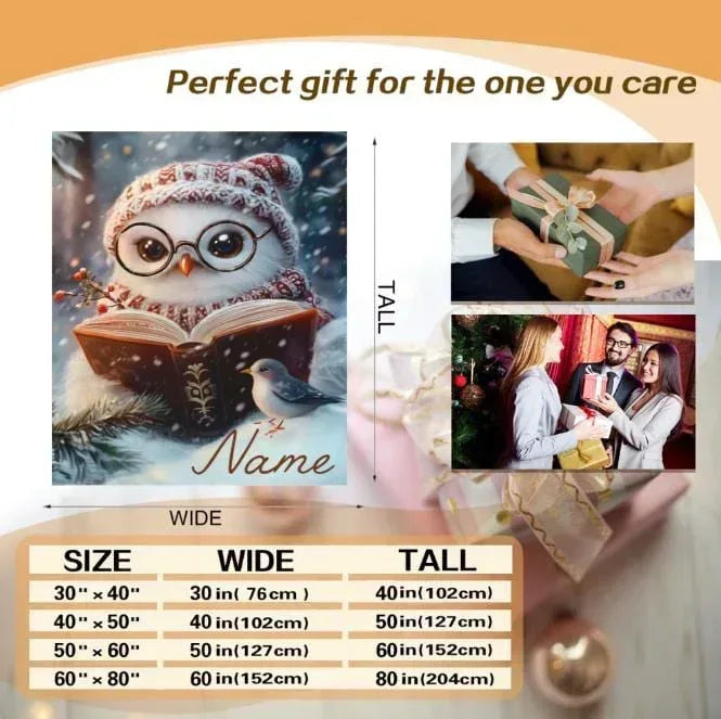 Personalized Winter Owl Blanket | Custom Name | Reading Owl Glasses Snowy Nordic Fleece Throw Gift
