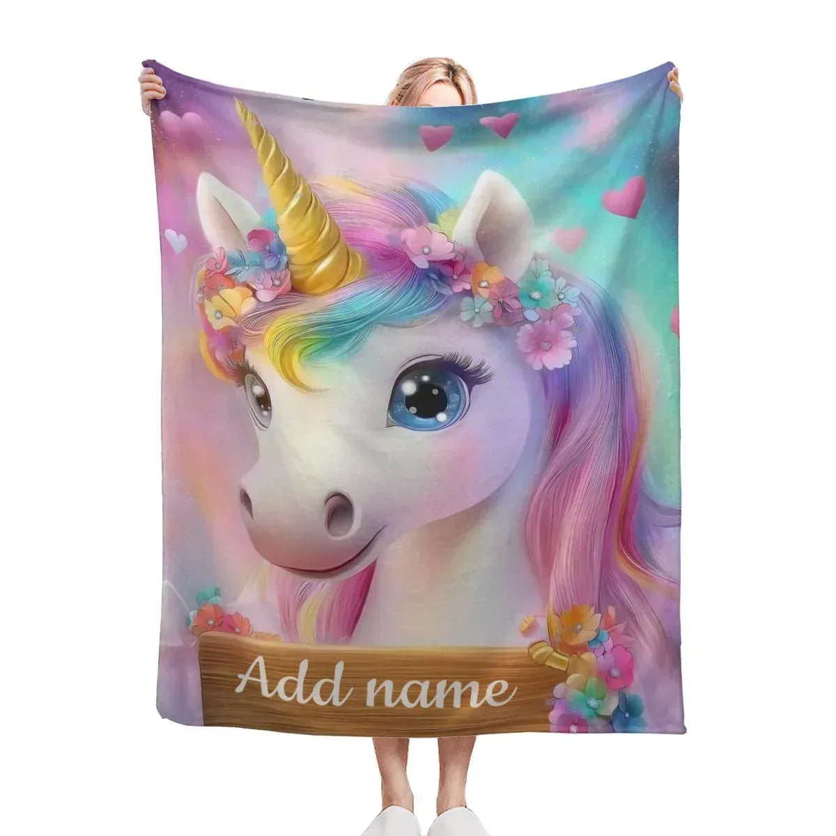 Personalized Unicorn Blanket | Custom Name | Rainbow Mane Blue Eyes Gold Horn Fleece Throw Gift for Girls
