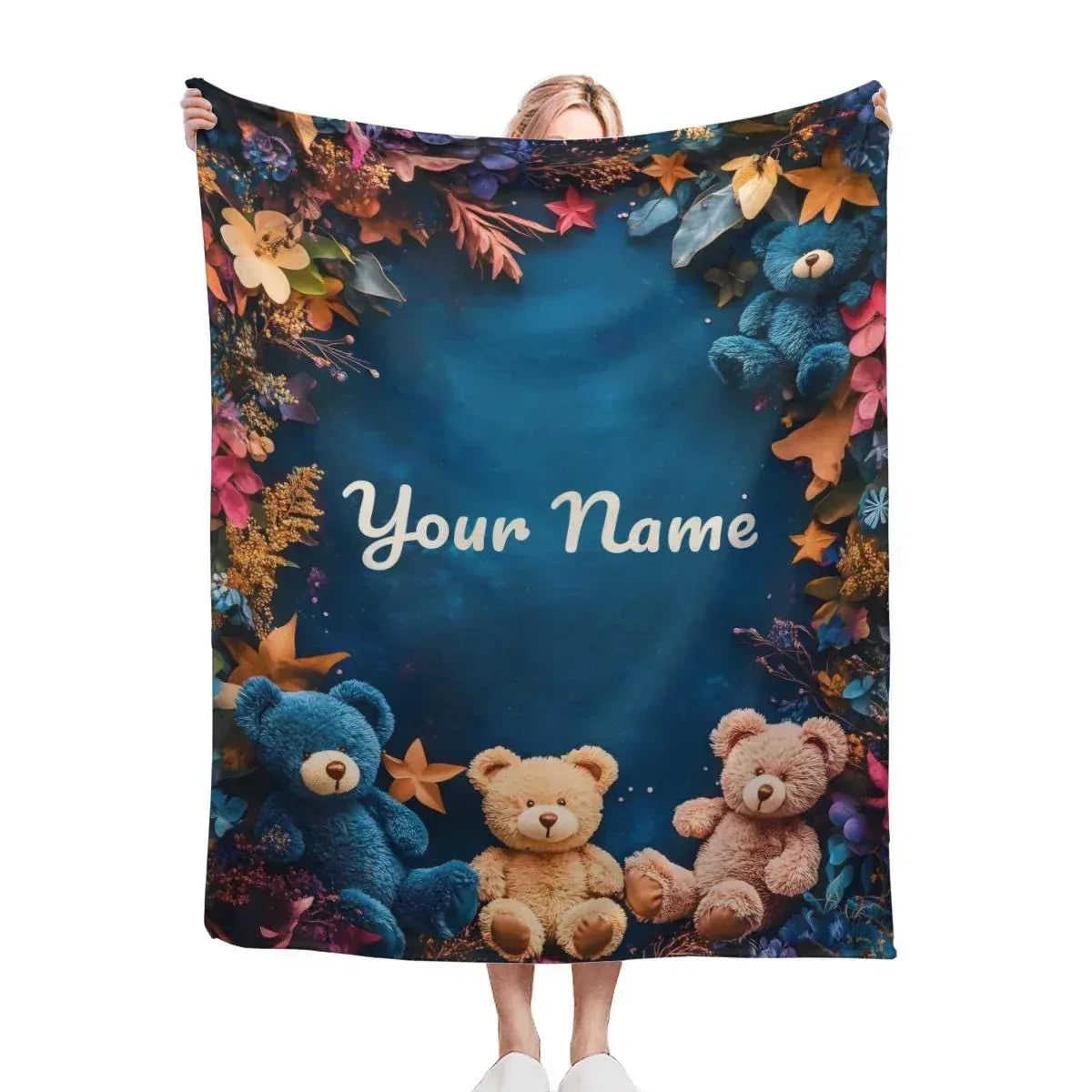 Personalized Teddy Bear Blanket | Custom Name | Three Plush Bears Botanical Border Deep Teal Fleece Throw Gift