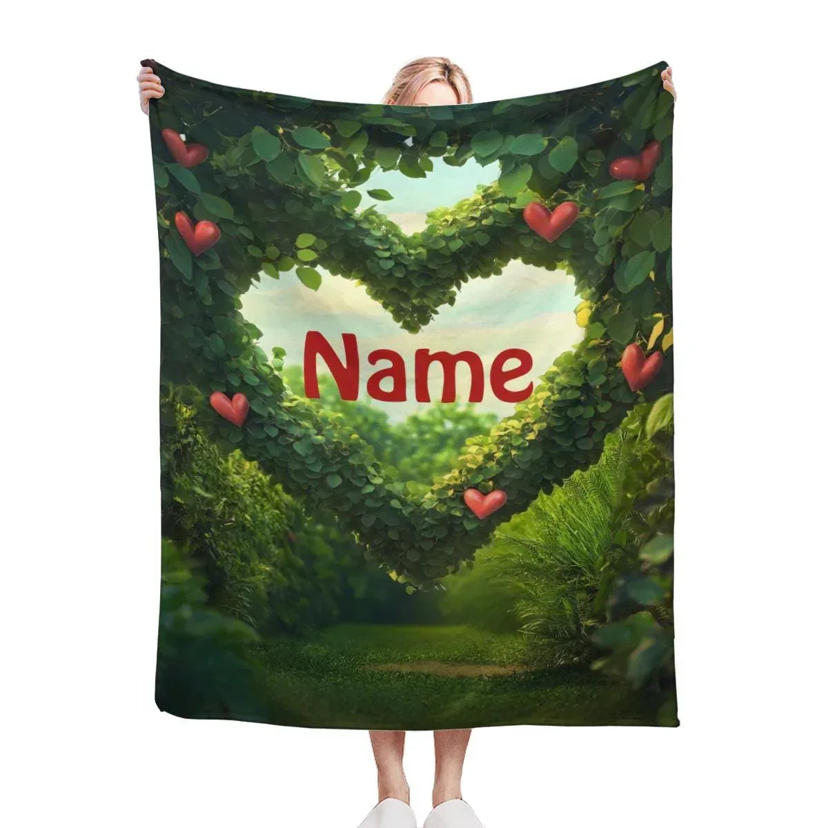 Personalized Garden Heart Blanket | Custom Name | Lush Green Topiary Heart Romantic Fleece Throw Gift