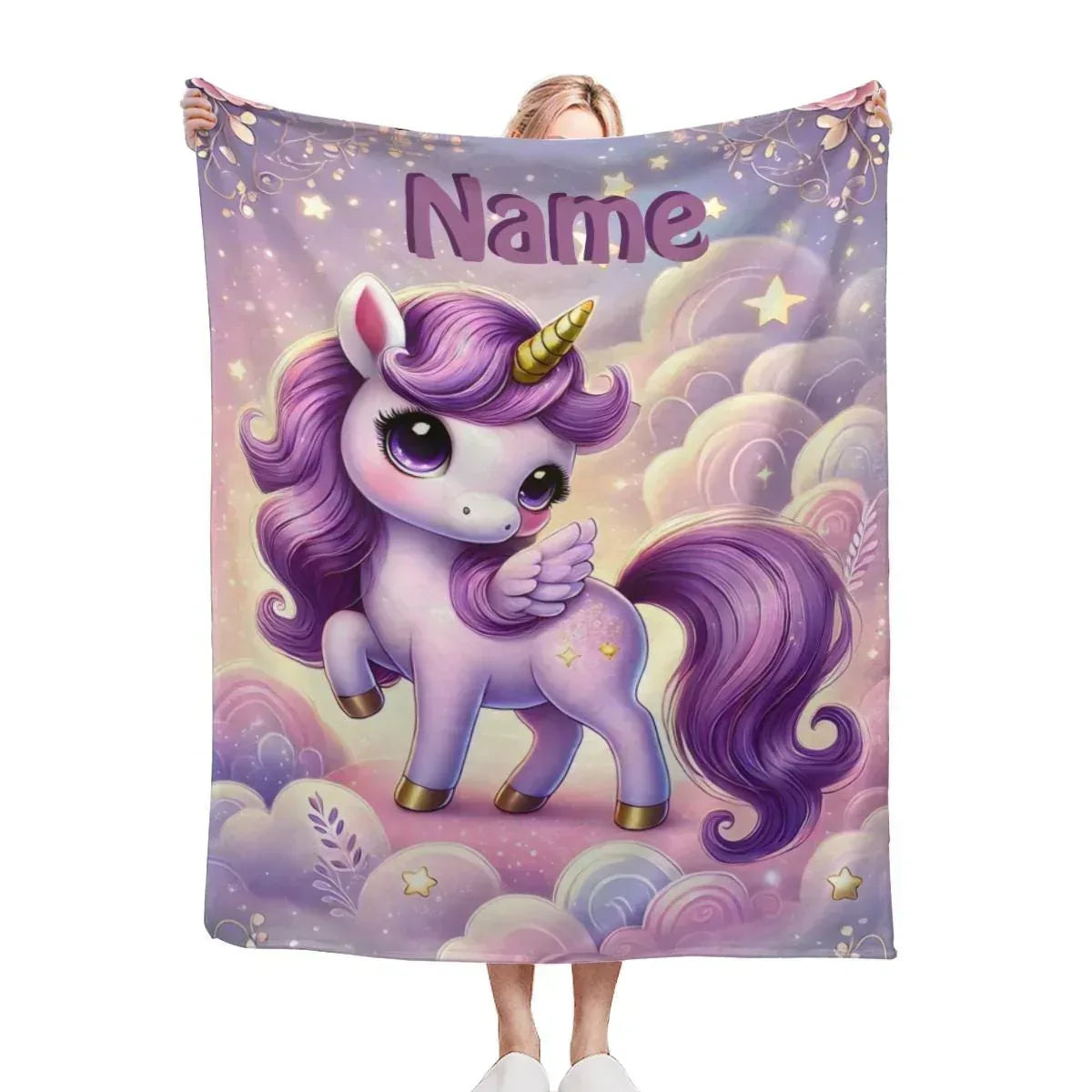 Personalized Purple Unicorn Blanket | Custom Name | Starry Cloud Flannel Fleece Throw Gift