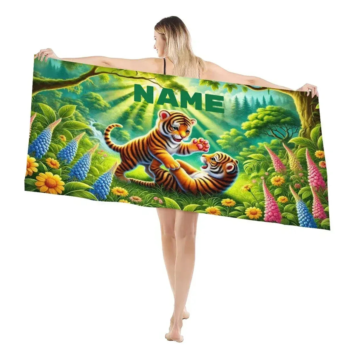 Personalized Tiger Beach Towel | Custom Name | Baby Tiger Cubs Jungle Adventure Microfiber Swim Towel