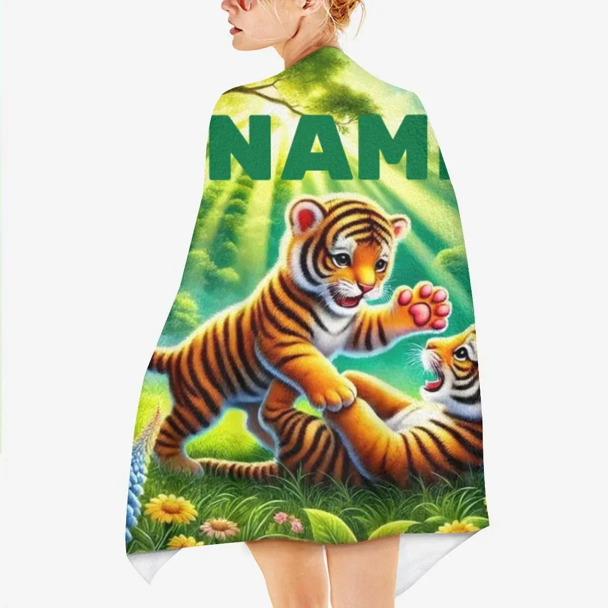 Personalized Tiger Beach Towel | Custom Name | Baby Tiger Cubs Jungle Adventure Microfiber Swim Towel
