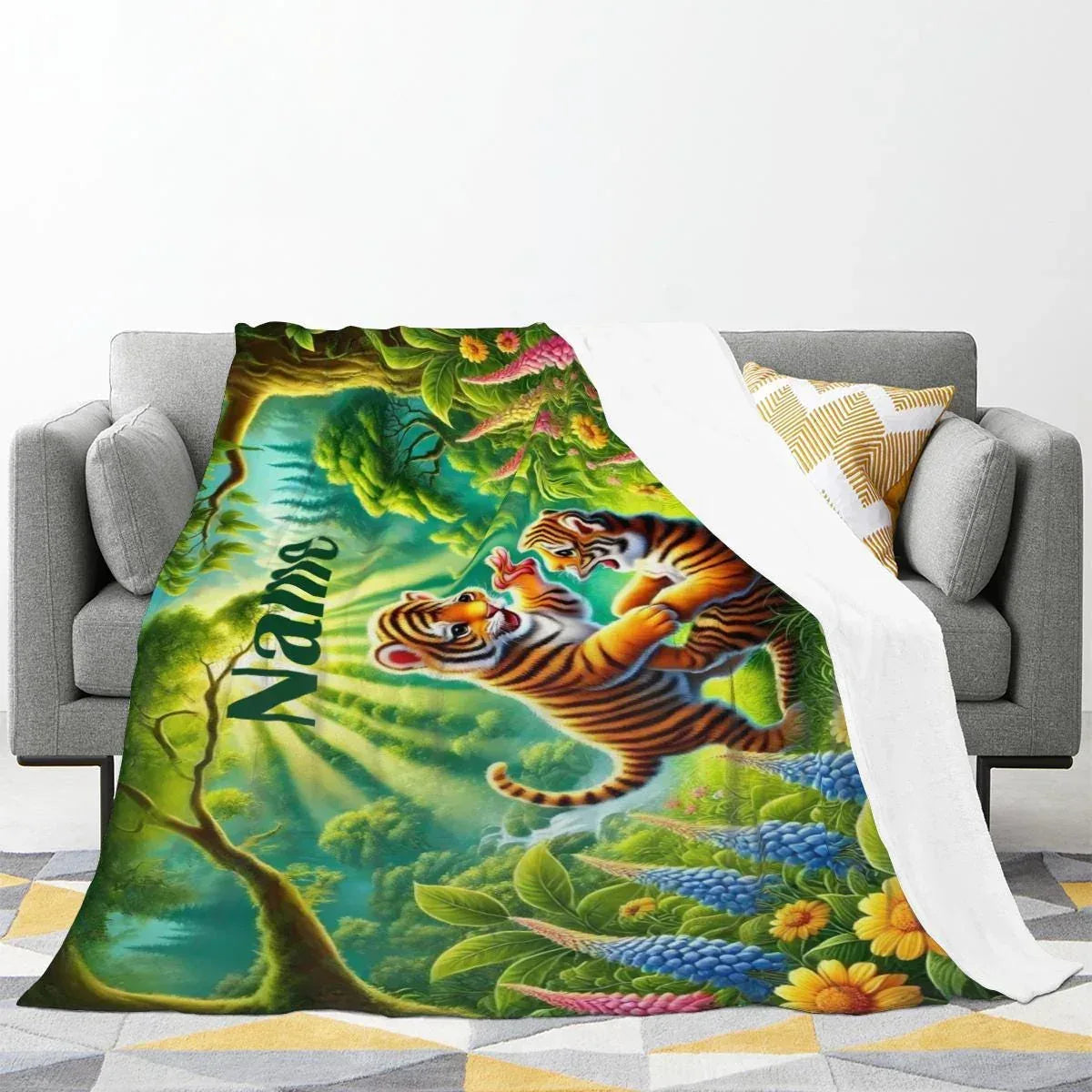 Personalized Tiger Blanket | Custom Name | Baby Tiger Cubs Enchanted Forest Jungle Fleece Throw Gift