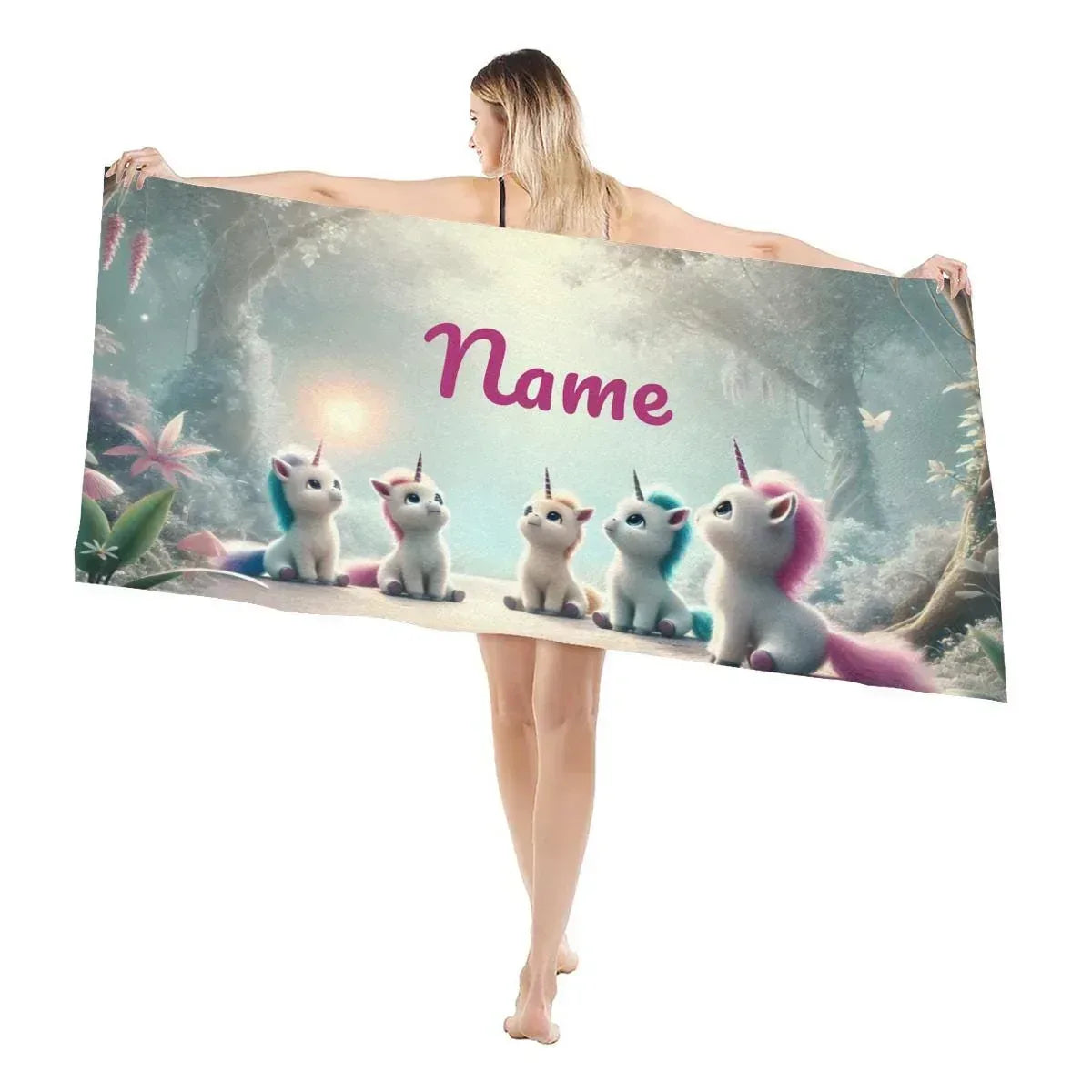 Personalized Unicorn Beach Towel | Custom Name | Pink Woodland Unicorn Microfiber Gift