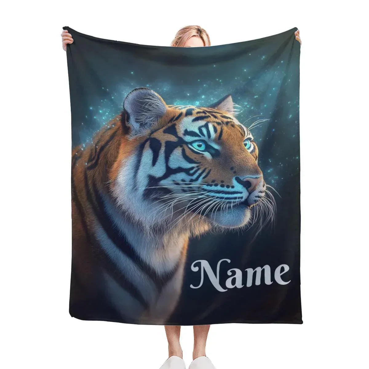 Personalized Tiger Blanket | Custom Name | Realistic Tiger Portrait Glowing Teal Eyes Starry Night Cosmic Fleece Throw Gift