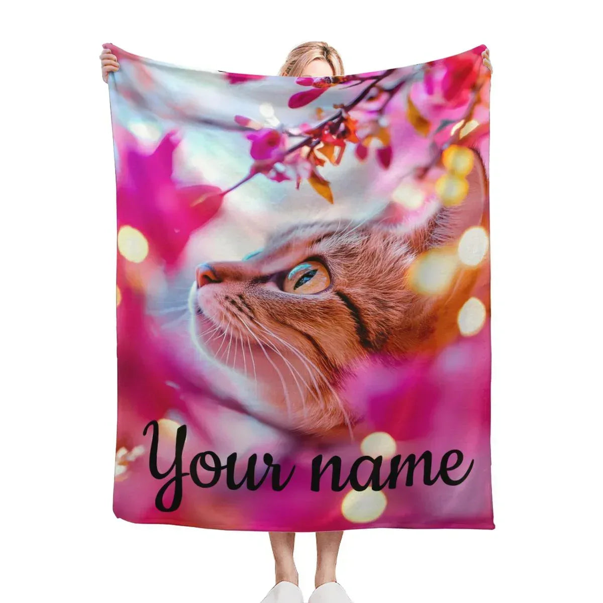 Personalized Cat Blanket | Custom Name | Tabby Cat Teal Eyes Hot Pink Cherry Blossom Bokeh Golden Light Fleece Throw Gift