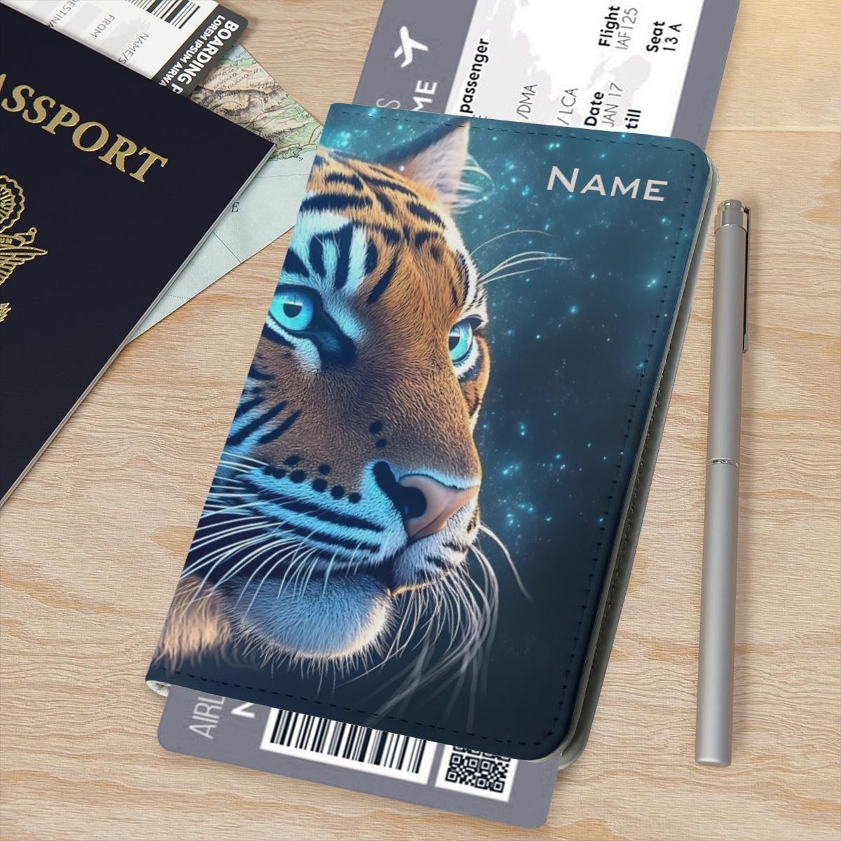 Personalized Tiger Passport Holder | Custom Name | Realistic Tiger Glowing Teal Eyes Starry Cosmic PU Leather Travel Cover Gift