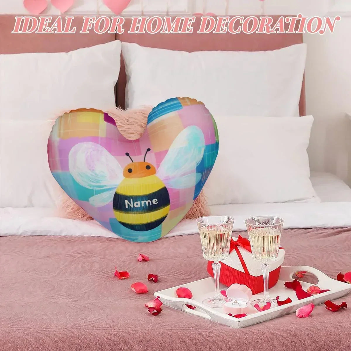 Personalized Bee Heart Pillow | Custom Name | Pastel Rainbow Plush Cushion Gift