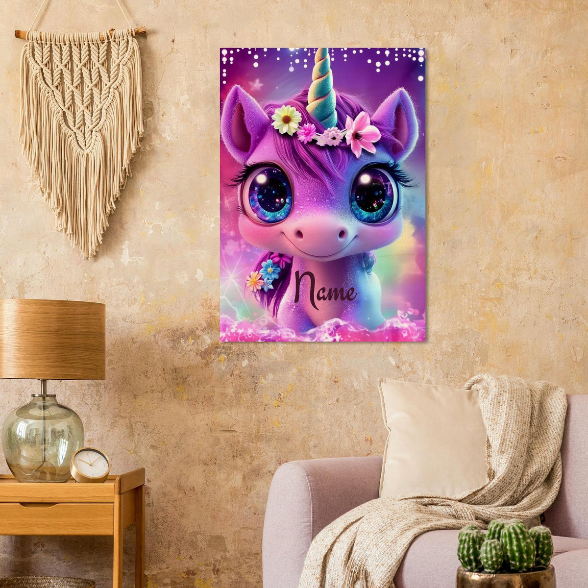 Personalized Unicorn Wall Art | Custom Name | Galaxy Eyes Baby Unicorn Floral Crown Purple Pink Wood Print Nursery Decor Gift