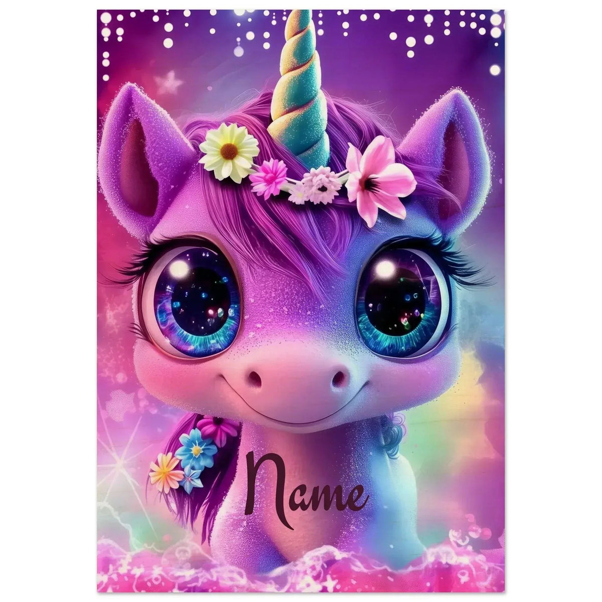 Personalized Unicorn Wall Art | Custom Name | Galaxy Eyes Baby Unicorn Floral Crown Purple Pink Wood Print Nursery Decor Gift