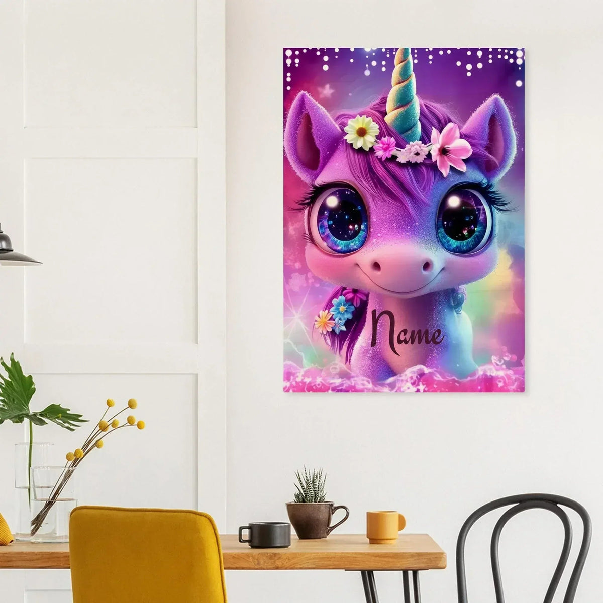 Personalized Unicorn Wall Art | Custom Name | Galaxy Eyes Baby Unicorn Floral Crown Purple Pink Wood Print Nursery Decor Gift