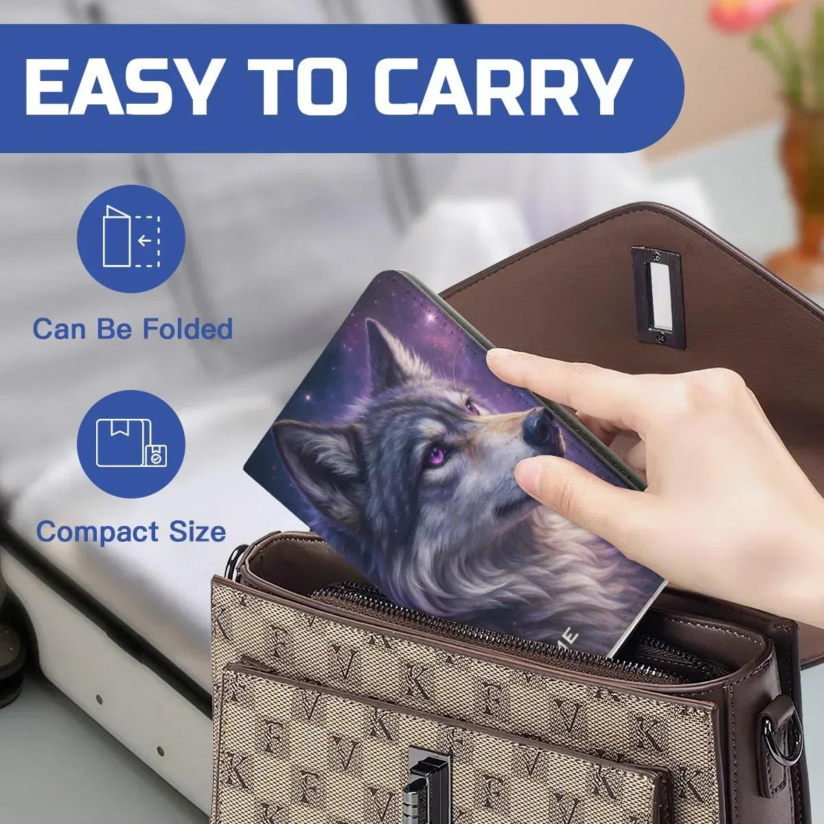 Personalized Galaxy Wolf Passport Holder | Custom Name | Purple Eyes Cosmic Wolf PU Leather Travel Cover