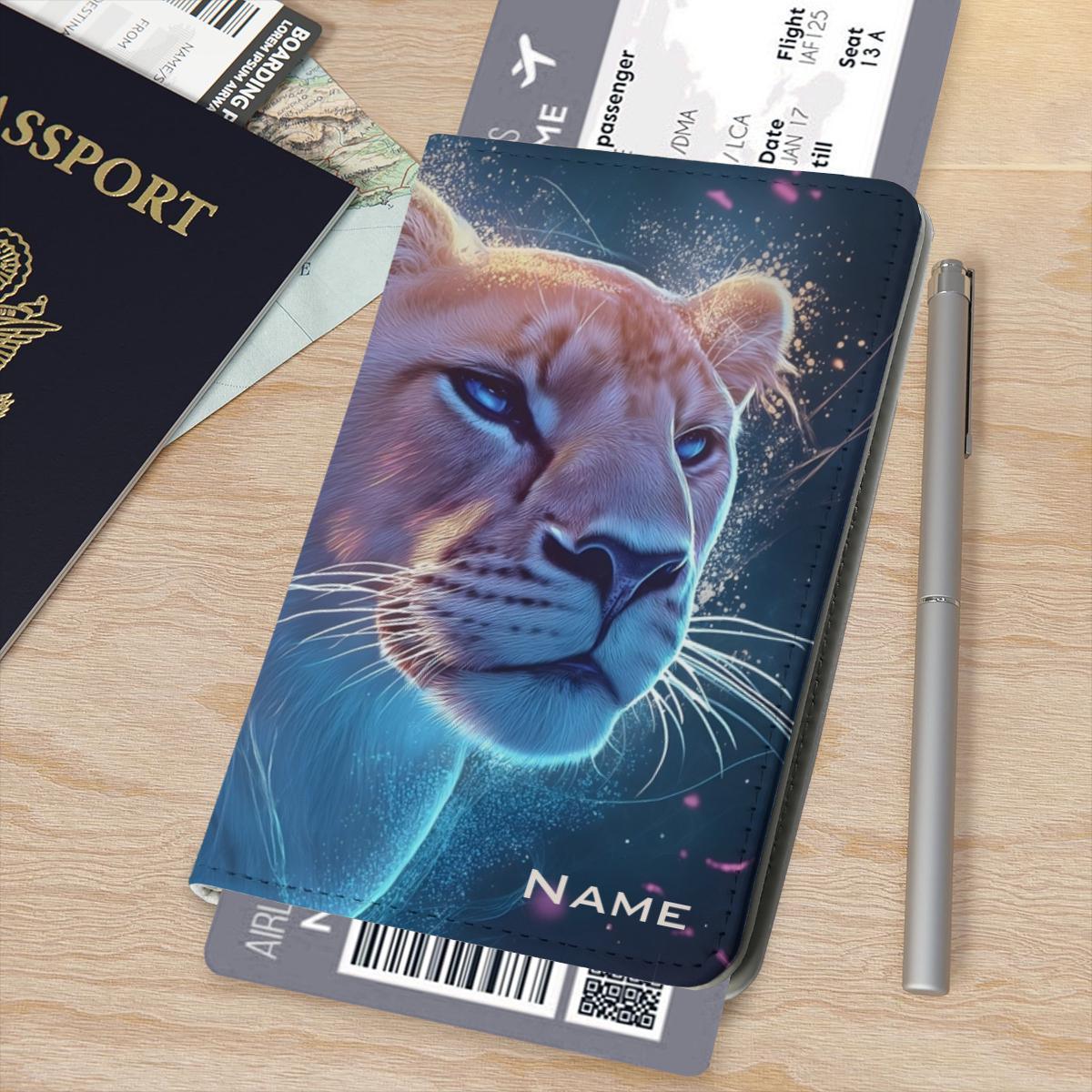 Personalized Cosmic Lion Passport Holder | Custom Name | Starry Galaxy Travel Wallet