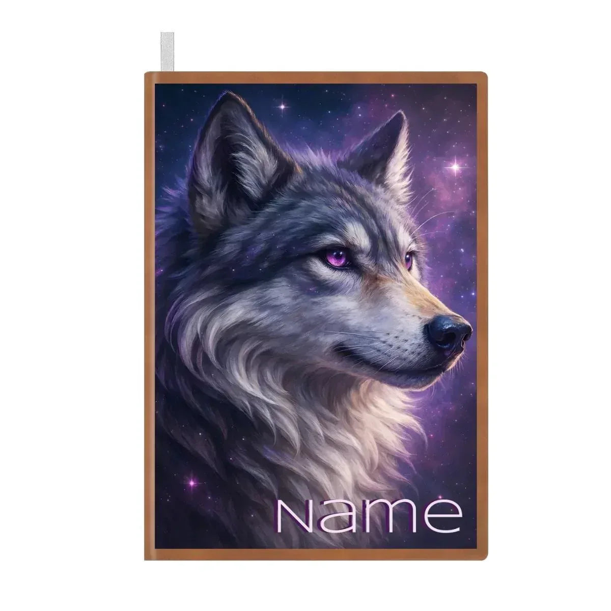 Personalized Wolf Journal | Custom Name | Cosmic Galaxy Portrait Glowing Violet Eye Purple Starry Sky A5 PU Leather Notebook Gift