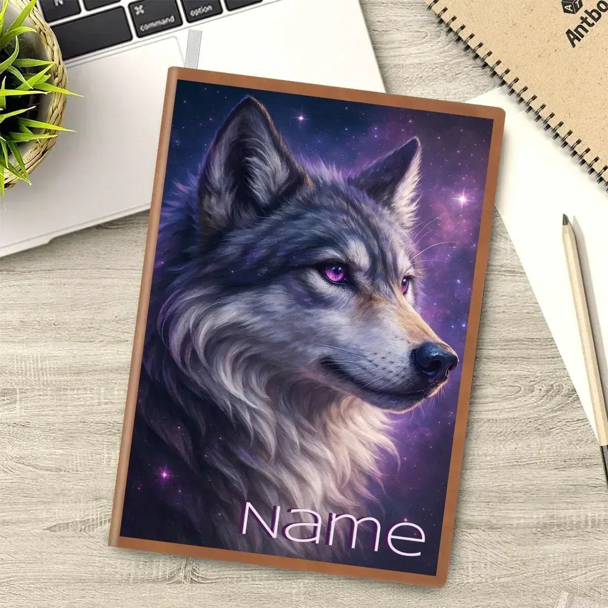 Personalized Wolf Journal | Custom Name | Cosmic Galaxy Portrait Glowing Violet Eye Purple Starry Sky A5 PU Leather Notebook Gift
