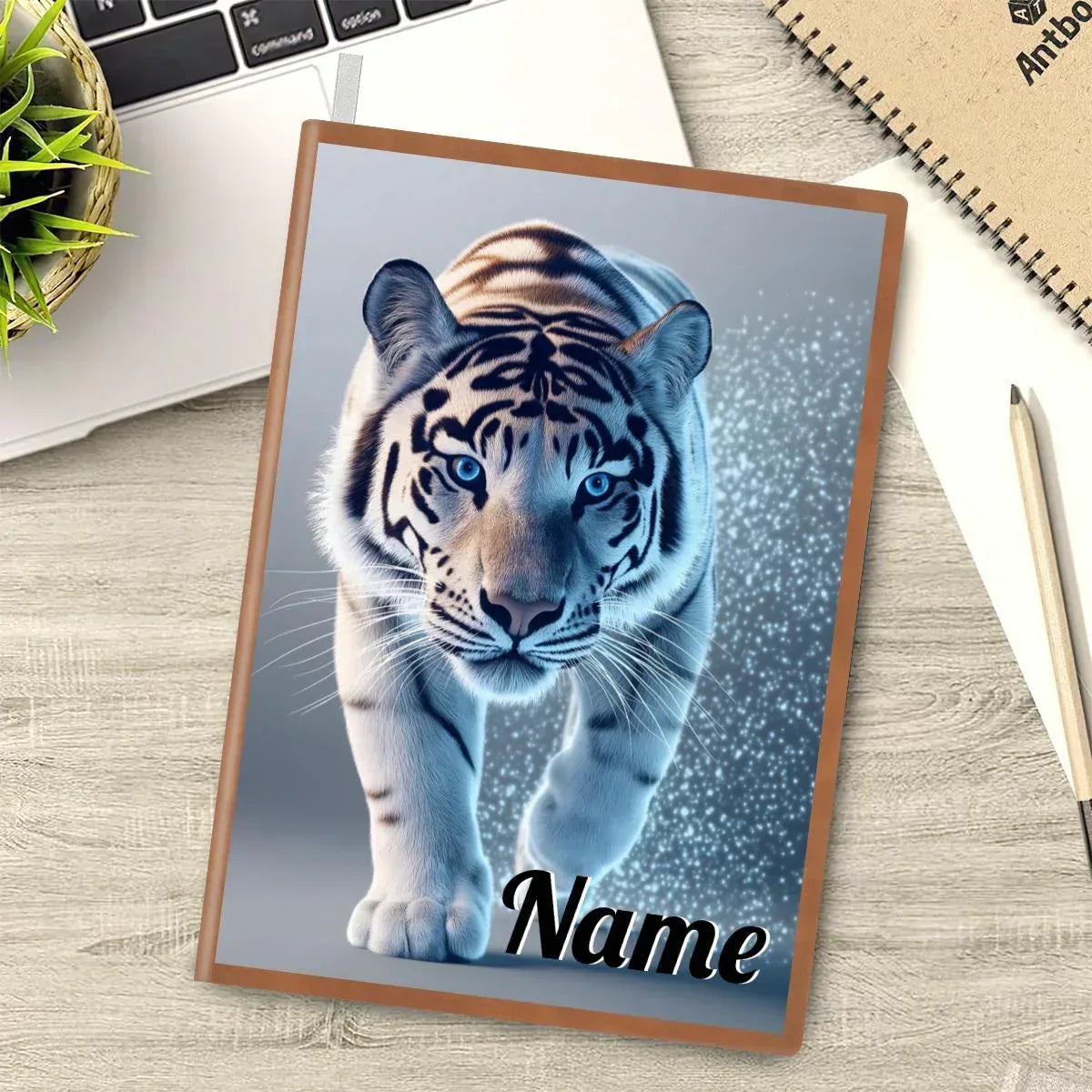 Personalized Tiger Notebook | Custom Name | White Tiger Icy Blue Frost Walking Toward You A5 PU Leather Writing Journal Gift